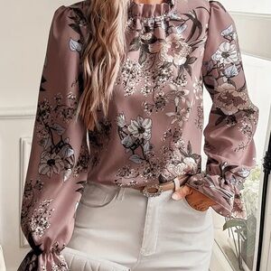 Chic Floral Ruffle Blouse - Dusty Rose